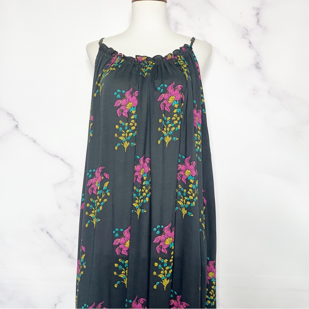 SOLD Anthropologie Flounced Maxi Lounge Dress Black Motif Floral - Picture 6 of 15